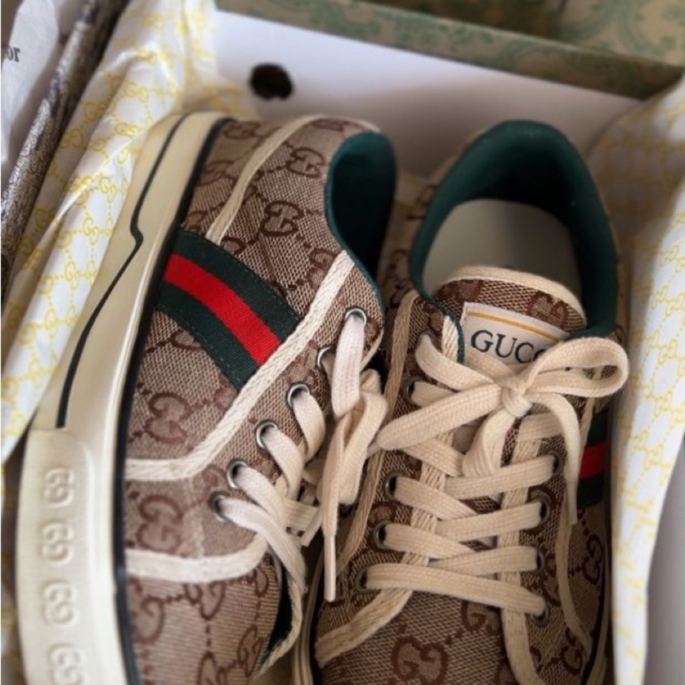 Gucci Beige Canvas Sneakers with Red and Green Stripes